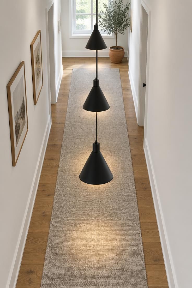 Long hallway with three matte black cone pendants in a row above a light neutral runner on oak floors, white walls, and a potted olive tree at the far end.