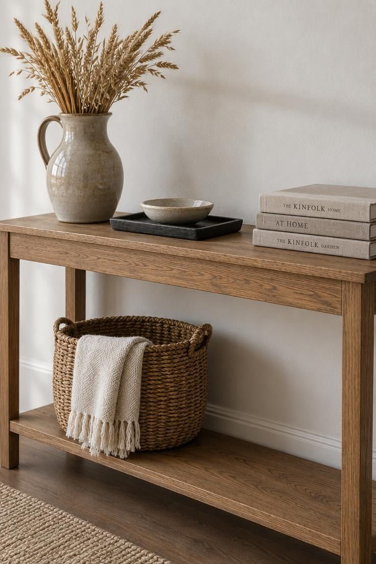 Slim oak console table with a stoneware pitcher of dried wheat, a stack of neutral books, a small black tray, and a woven basket on the lower shelf.