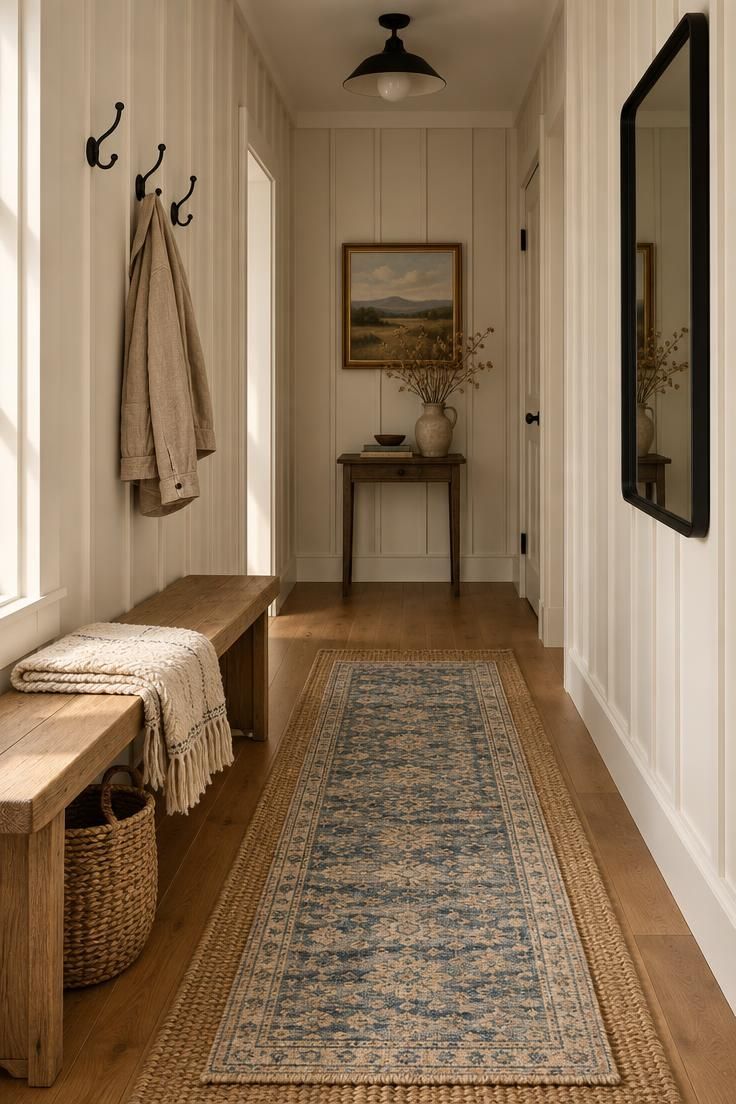 Simple Spaces 20 Warm modern farmhouse hallway with white board-and-batten walls, a wood bench with a woven basket, matte black hooks, a layered jute and patterned runner on oak floors, and a black-framed mirror.