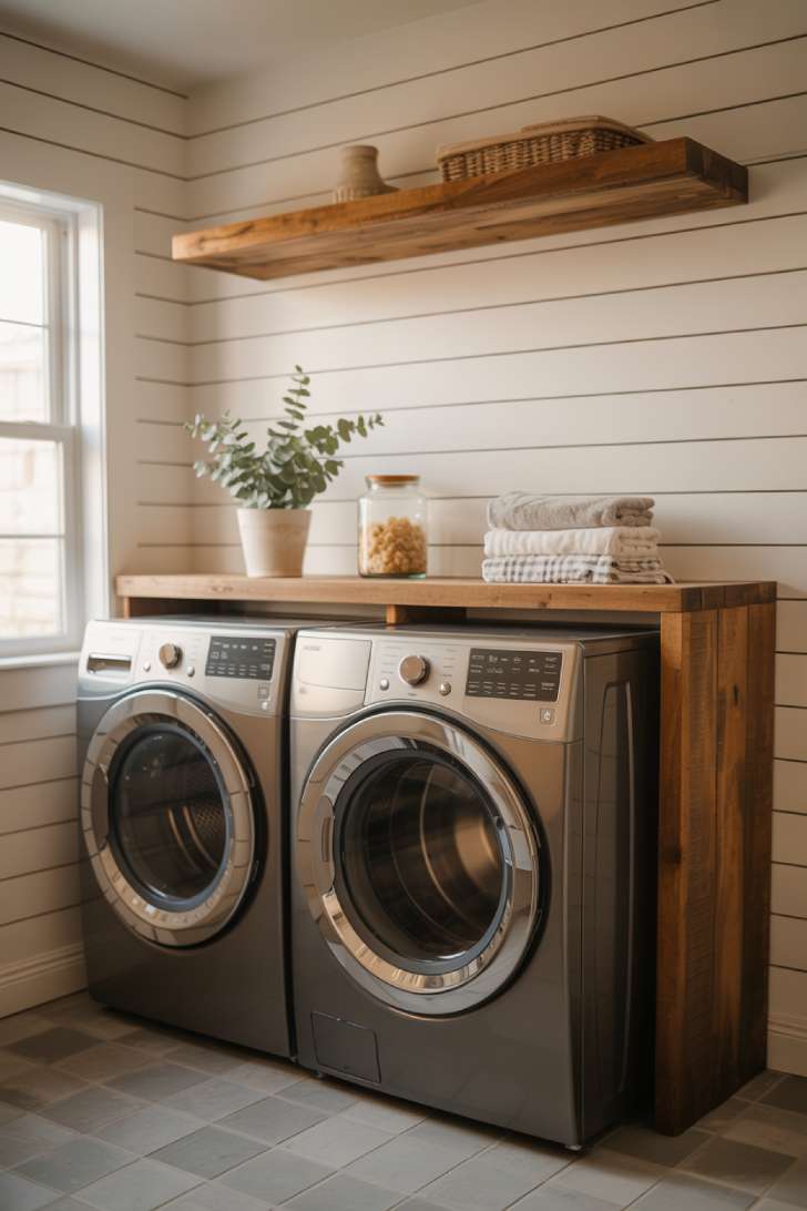 13 Perfect Modern Farmhouse Laundry Room Ideas to Copy 1 White shiplap wall behind a washer and dryer with floating wood shelves and natural decor in a bright farmhouse laundry room.