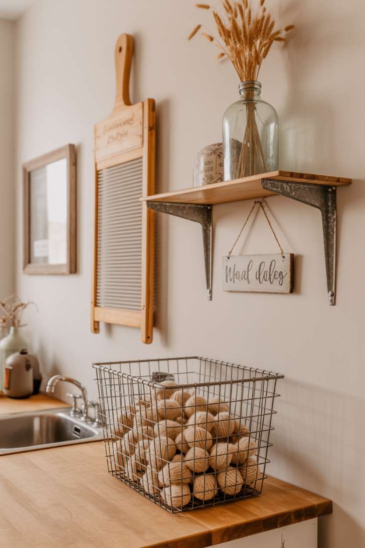 13 Perfect Modern Farmhouse Laundry Room Ideas to Copy 10 Vintage washboard, galvanized shelf with dried wheat, and a wire basket of wool dryer balls as rustic wall decor in a laundry room.