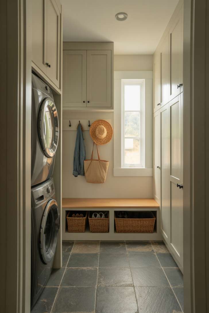 13 Perfect Modern Farmhouse Laundry Room Ideas to Copy 11 Combined mudroom and laundry room with stacked washer and dryer, built-in bench, coat hooks, and woven shoe baskets.