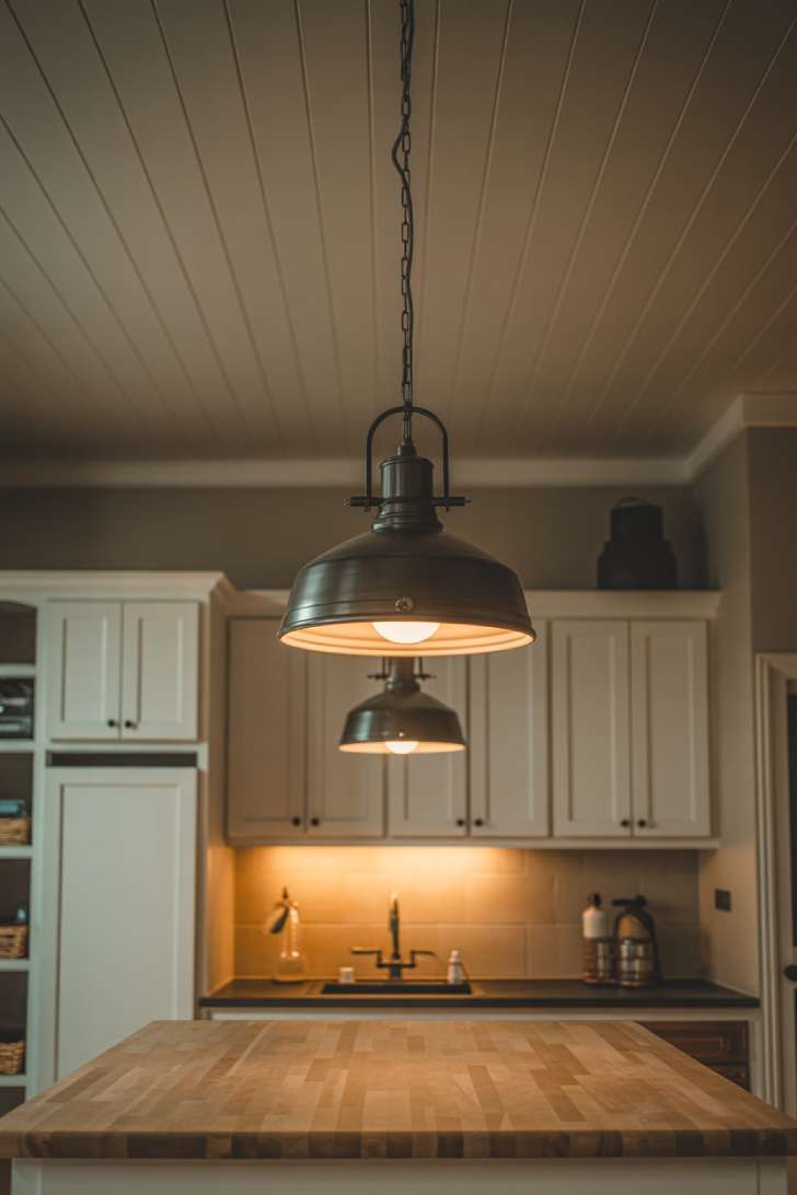 13 Perfect Modern Farmhouse Laundry Room Ideas to Copy 12 Black metal industrial pendant light with dome shade hanging from a white planked ceiling in a farmhouse laundry room.