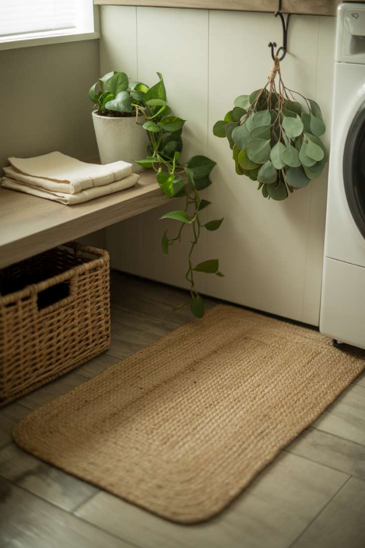 13 Perfect Modern Farmhouse Laundry Room Ideas to Copy 13 Trailing pothos plant on a wood shelf, jute runner rug, and hanging eucalyptus in a modern farmhouse laundry room corner.