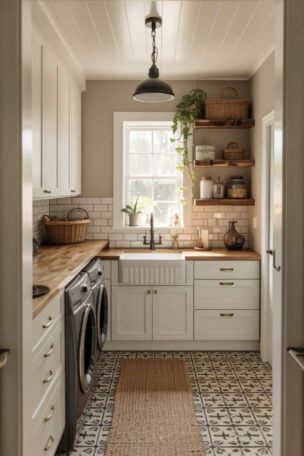 Complete modern farmhouse laundry room with white shaker cabinets, butcher block countertop, farmhouse sink, subway tile, patterned floor, floating shelves, and industrial pendant lighting.