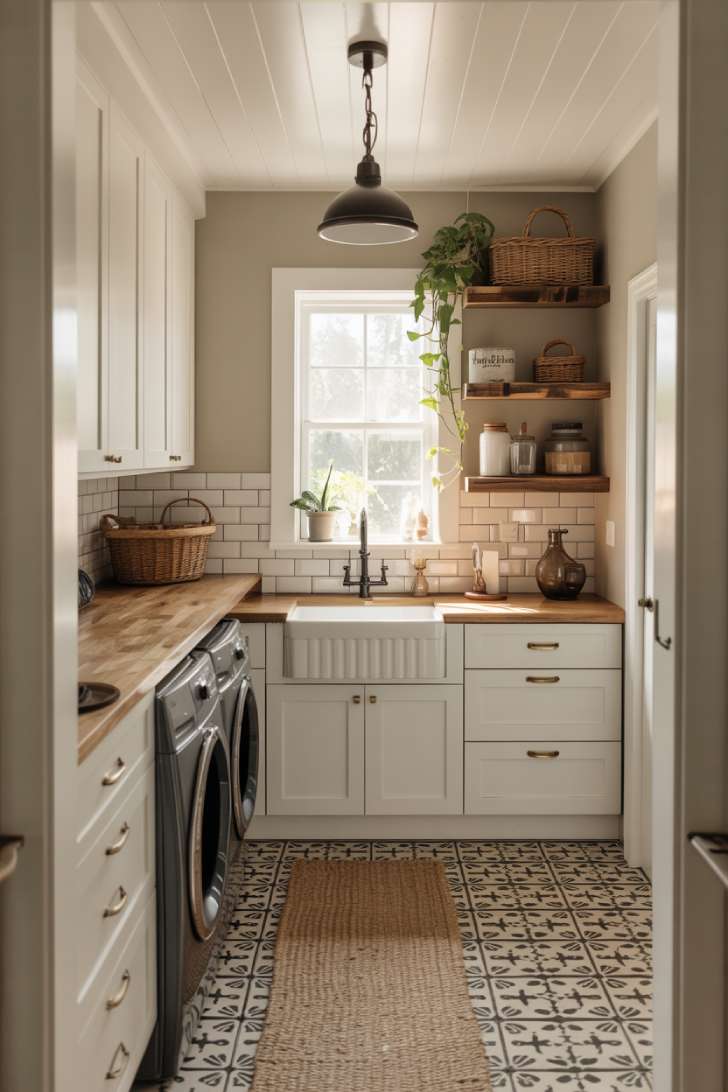 Complete modern farmhouse laundry room with white shaker cabinets, butcher block countertop, farmhouse sink, subway tile, patterned floor, floating shelves, and industrial pendant lighting.