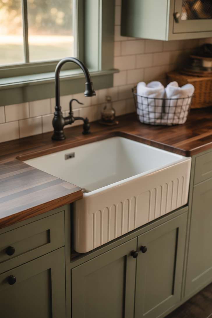 13 Perfect Modern Farmhouse Laundry Room Ideas to Copy 2 White apron-front farmhouse sink with a black faucet set in walnut butcher block countertop with sage green cabinets below.