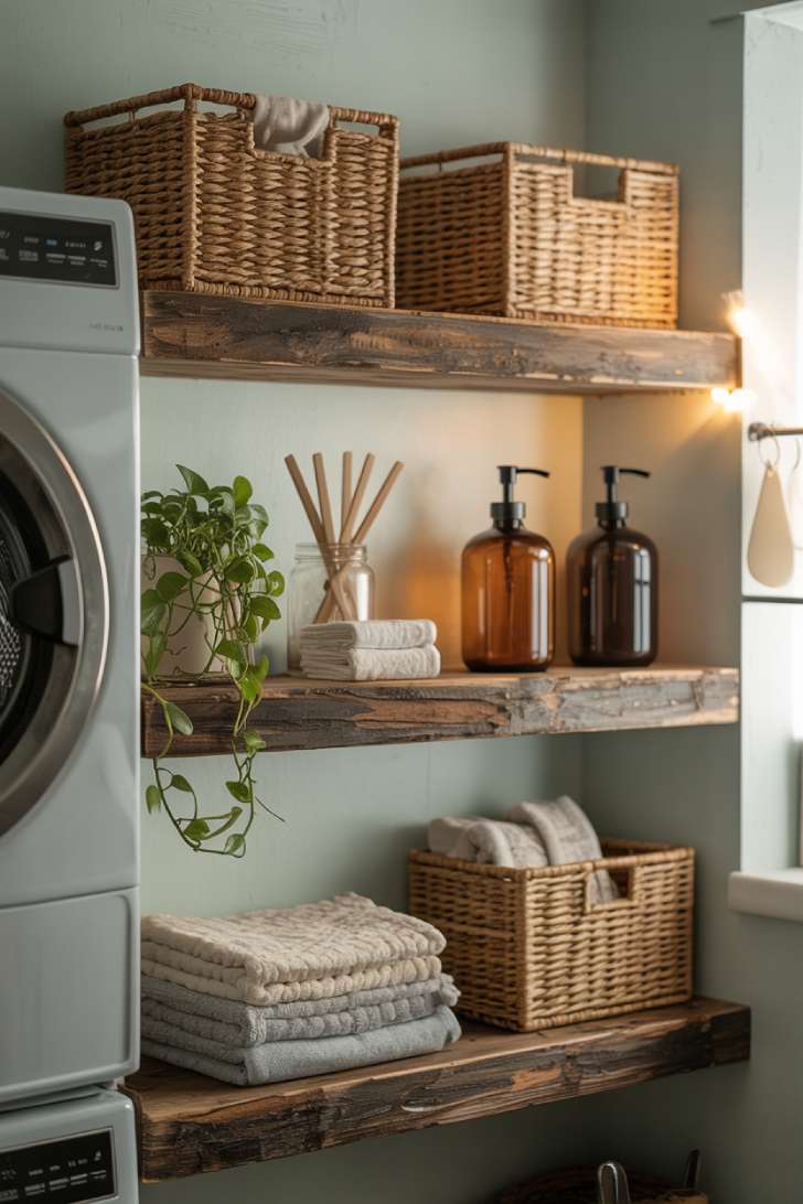 13 Perfect Modern Farmhouse Laundry Room Ideas to Copy 3 Three tiers of reclaimed wood floating shelves styled with baskets, plants, glass jars, and folded towels in a farmhouse laundry room.