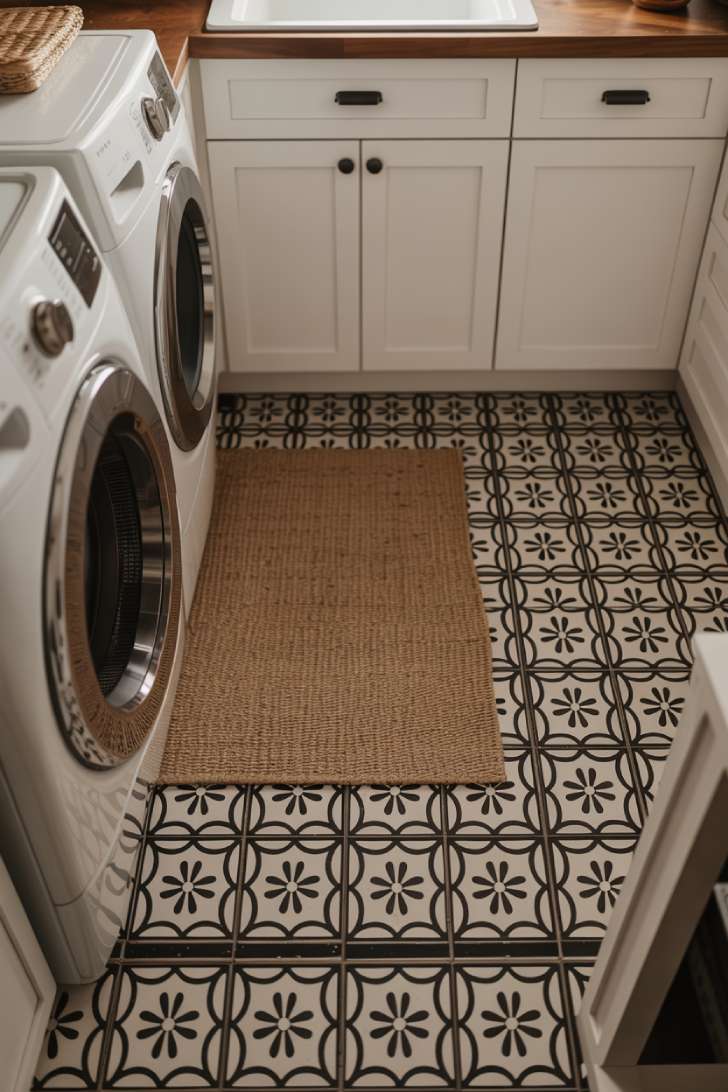 13 Perfect Modern Farmhouse Laundry Room Ideas to Copy 4 Black and white patterned encaustic-style floor tile in a modern farmhouse laundry room with white cabinets and a jute rug.