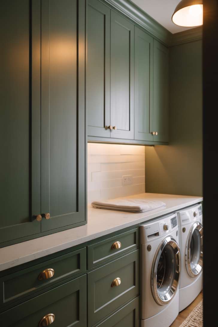 13 Perfect Modern Farmhouse Laundry Room Ideas to Copy 5 Deep sage green shaker-style cabinets with satin brass hardware and white quartz countertop in a modern farmhouse laundry room.