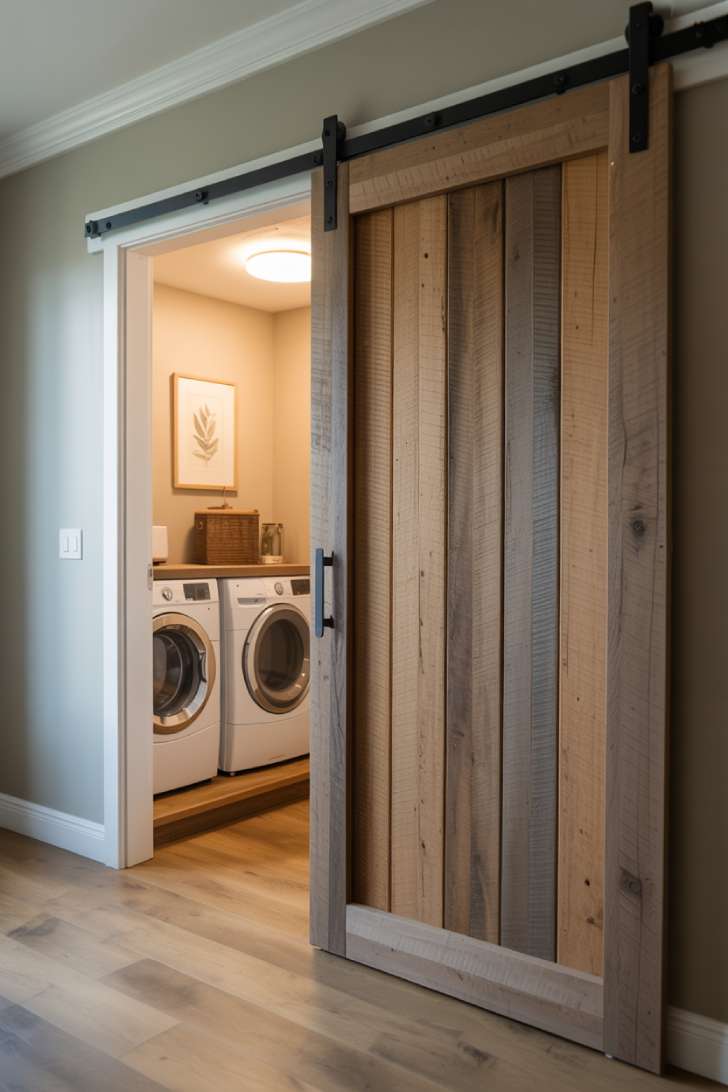 13 Perfect Modern Farmhouse Laundry Room Ideas to Copy 6 Sliding reclaimed wood barn door on a black metal rail partially open to a modern farmhouse laundry room.
