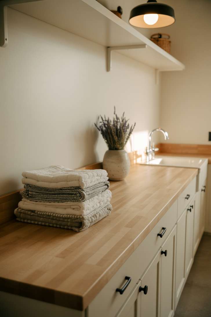 13 Perfect Modern Farmhouse Laundry Room Ideas to Copy 8 Maple butcher block countertop with folded towels and dried lavender in a ceramic vase in a modern farmhouse laundry room.