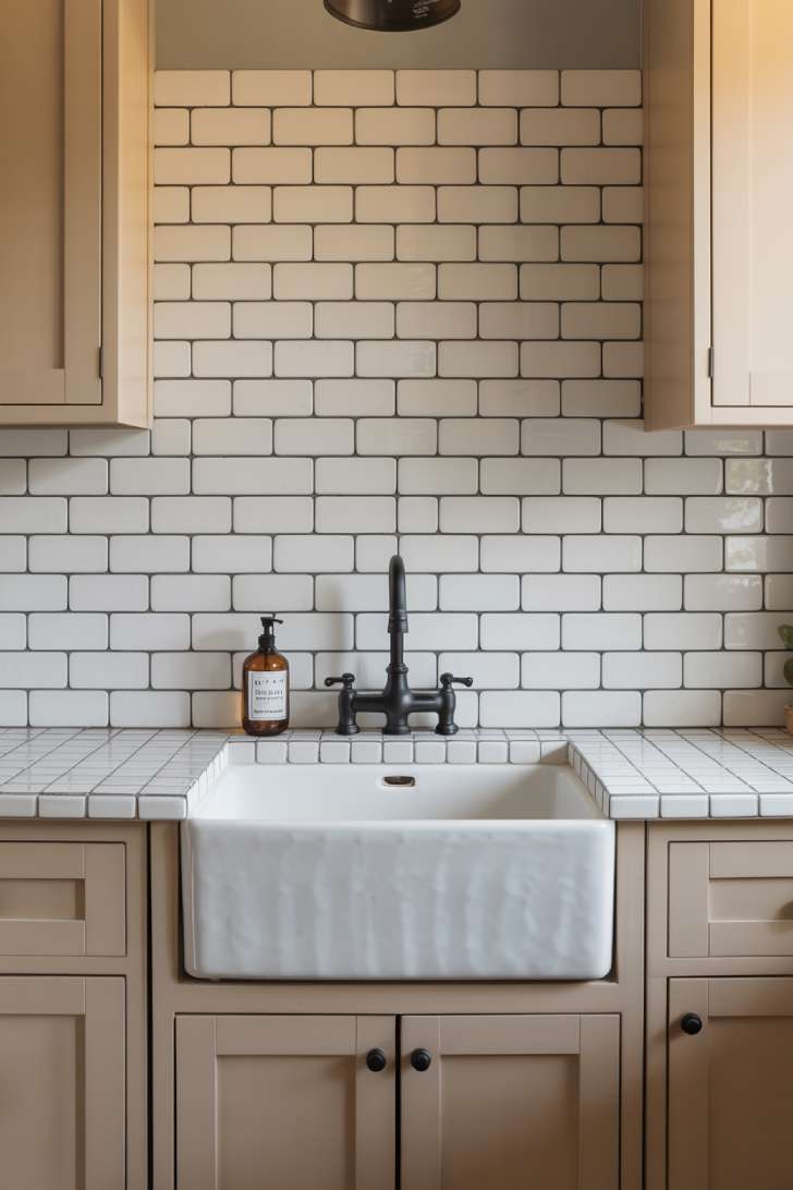 13 Perfect Modern Farmhouse Laundry Room Ideas to Copy 9 White subway tile backsplash with dark grout behind a farmhouse sink and matte black faucet in a laundry room.