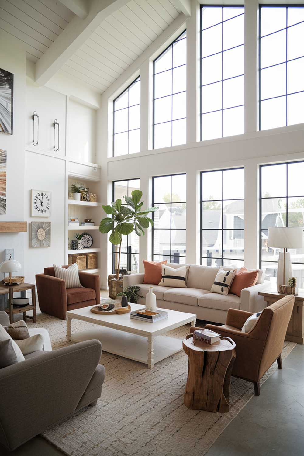 A cozy modern farmhouse living room with a high ceiling and large windows. The room has a beige sofa, a brown armchair, a white coffee table, and a wooden side table. There are also a few decorative items, such as a potted plant, a lamp, and a wall clock. The floor is covered with a beige rug. The walls have a few pieces of artwork and a shelf with books.