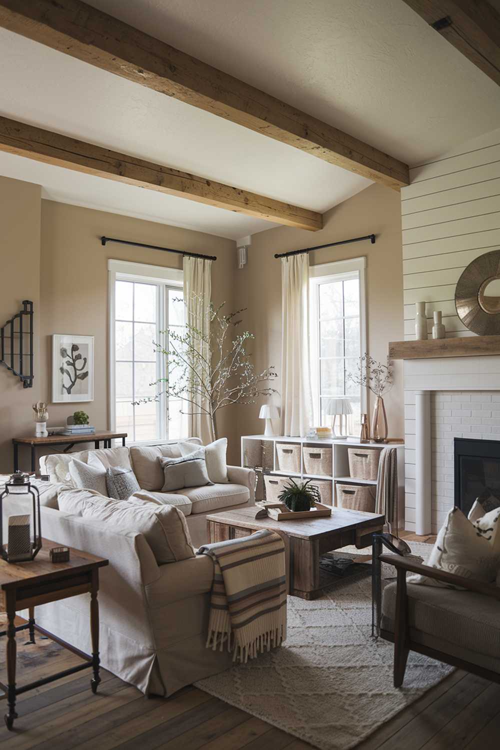 A cozy modern farmhouse living room with a rustic charm. The room has a beige walls, a wooden beam ceiling, and a white fireplace. There is a beige sofa with cushions and a few throw pillows. There is a wooden coffee table in the middle of the room. There are a few pieces of furniture, including a side table, a plant stand, and a storage unit. The floor is made of wood. The room has a few decorative items, such as a lantern, a vase, and a throw blanket.