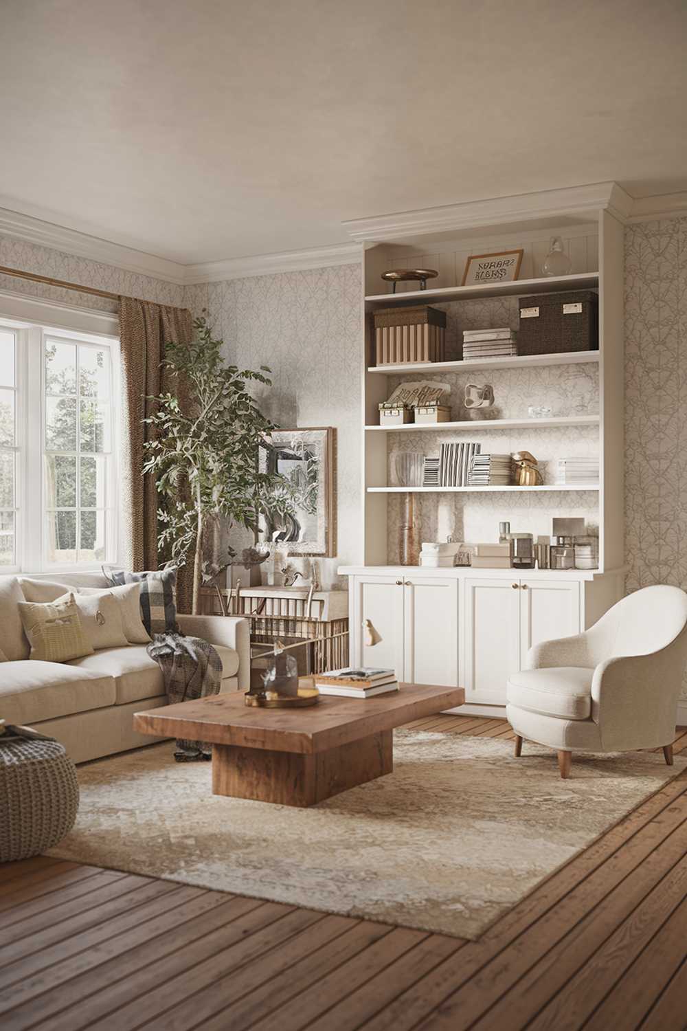 A modern farmhouse living room decor with a beige sofa, a white chair, a wooden coffee table, and a beige rug. There is a white bookshelf with various items. The walls have a patterned wallpaper. There is a plant in the room. The floor is made of wooden planks.