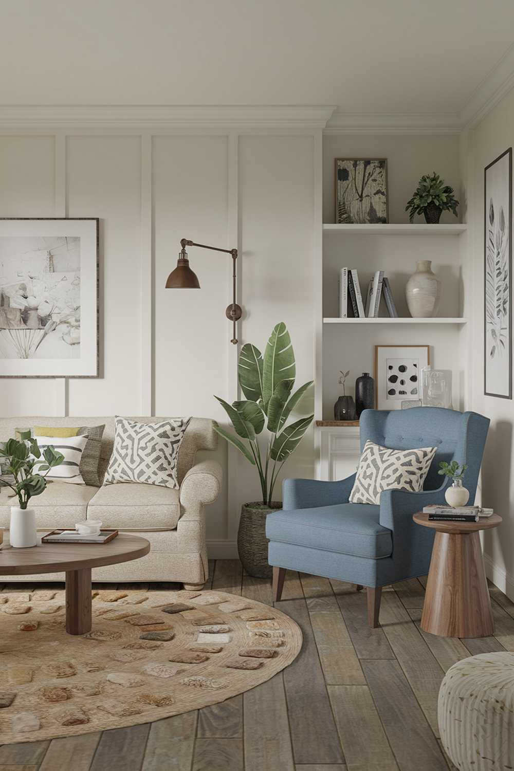 A modern farmhouse living room decor. The room has a beige sofa with patterned cushions, a blue armchair, a wooden coffee table, and a round rug. There's a wall-mounted lamp and a potted plant near the sofa. A beige armchair with a blue cushion and a wooden side table are placed near the blue armchair. The walls have a white shelf with decorative items and a picture frame. The floor is made of wooden planks.