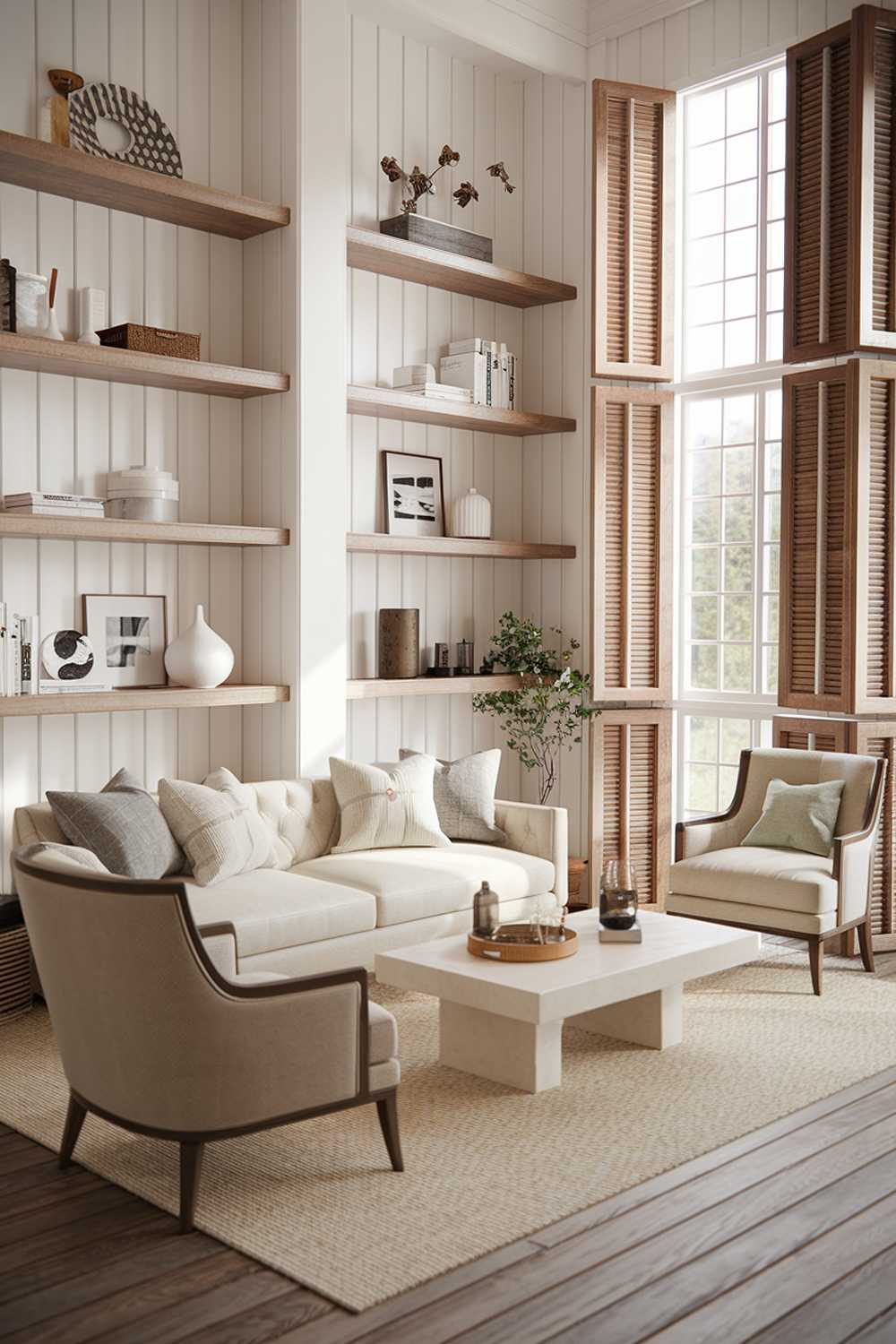 A modern farmhouse living room with a beige sofa and a pair of beige chairs. There's a white coffee table in the middle of the room. A beige rug is placed under the furniture. The walls have white wooden shelves with decorative items. The room has a large window with wooden shutters, allowing natural light to fill the space.