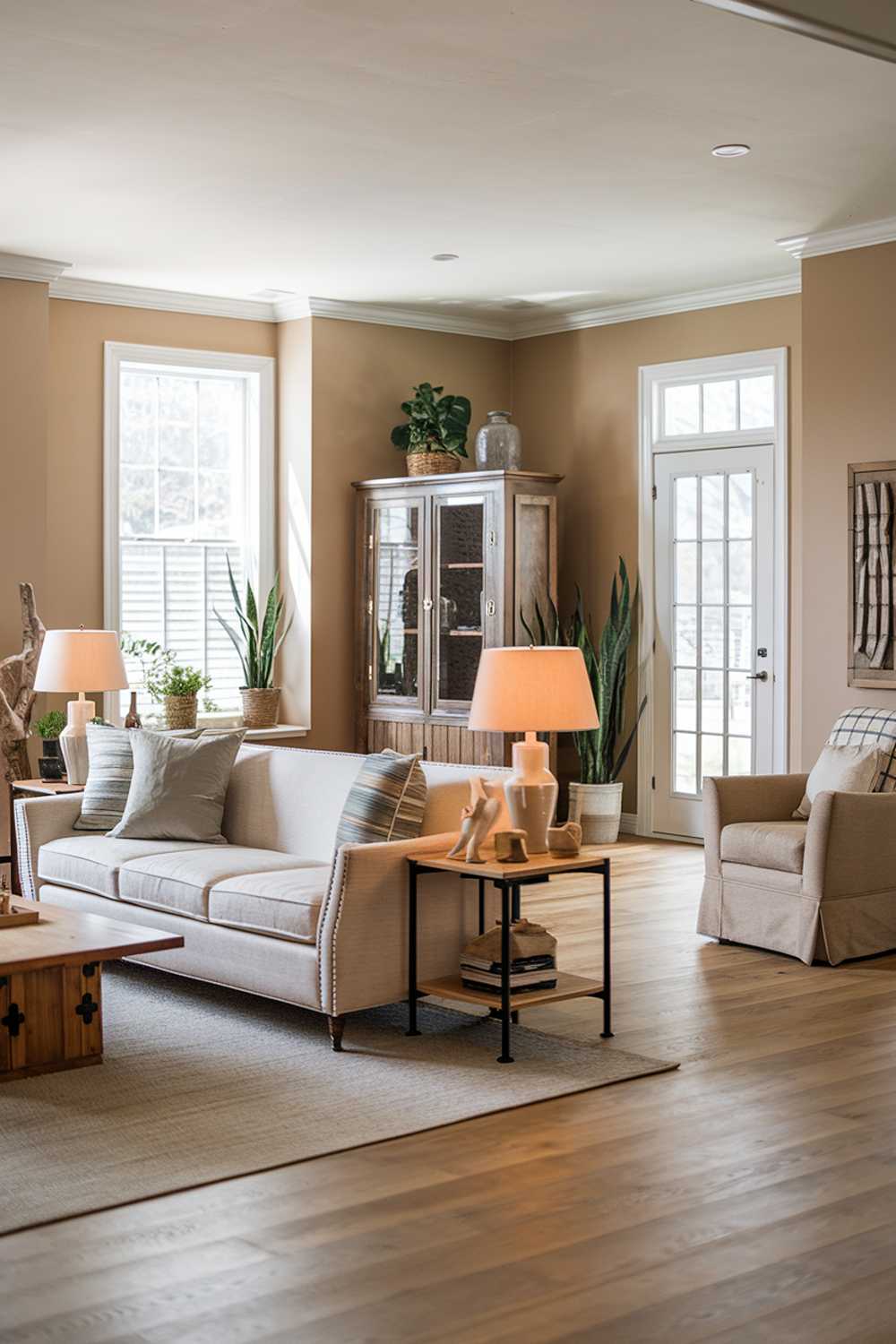 A modern farmhouse living room. The room has a light wood floor and beige walls. There's a beige sofa with a few throw pillows in the center of the room. To the left, there's a wooden coffee table. On the right, there's a beige armchair. Near the door, there's a wooden cabinet. The room has a few potted plants. The lighting is warm and inviting.