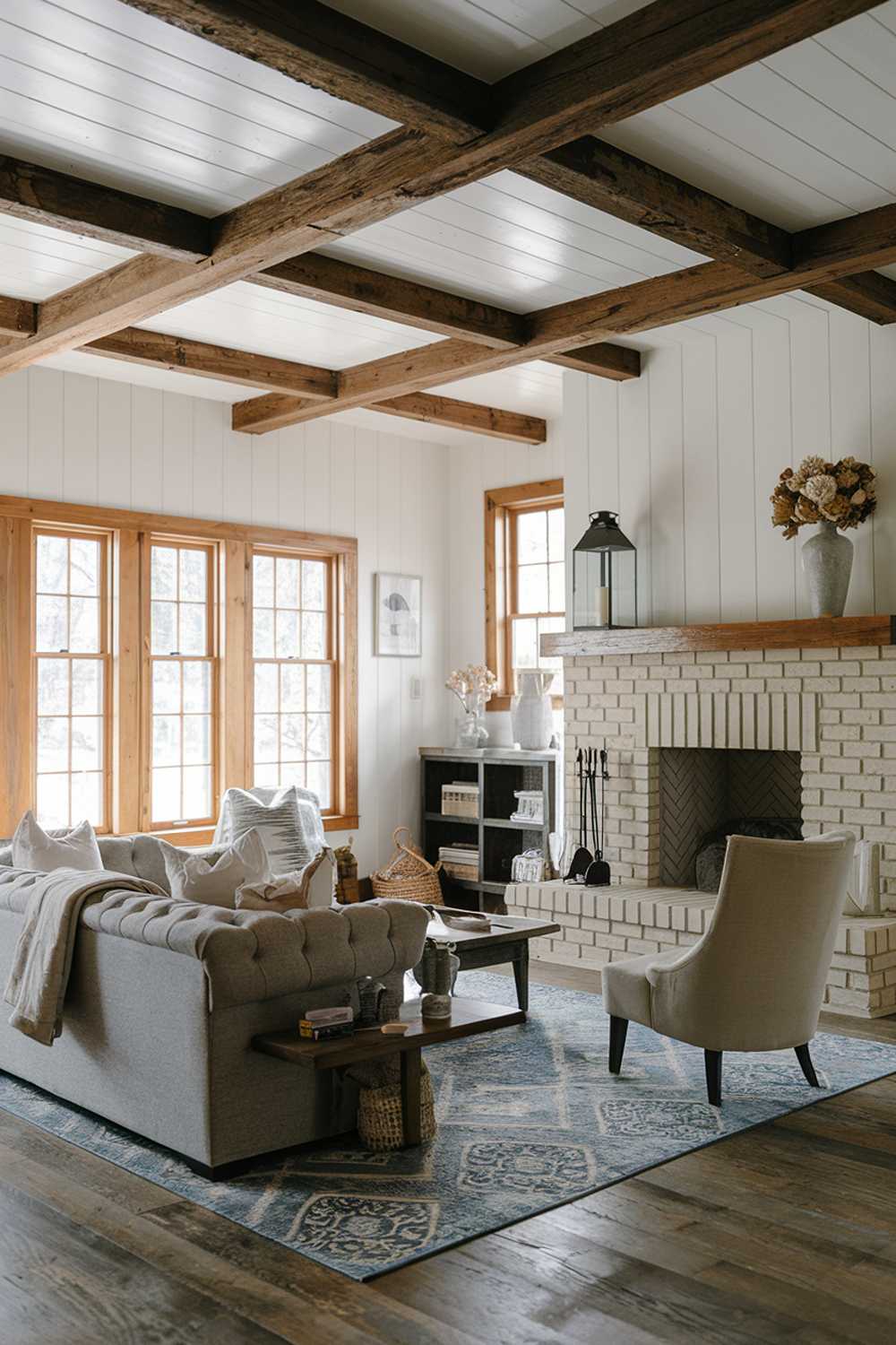 A modern farmhouse living room. The room has a rustic wooden beam ceiling, white walls, and a beige brick fireplace. There's a plush gray couch and a beige chair near the fireplace. A wooden coffee table sits in front of the couch. A blue and white area rug covers the wooden floor. A few decorative items, including a lantern and a vase with dried flowers, are placed on a wooden shelf and the mantel above the fireplace. The room has large windows with wooden frames, letting in natural light.