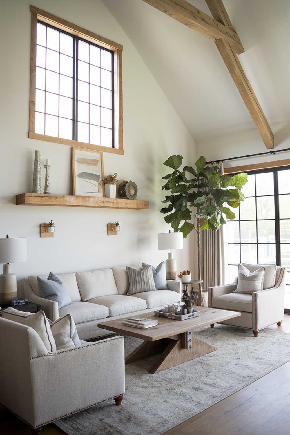 A modern farmhouse living room. The room has a large window with wooden beams across the top. There's a beige sofa with a few cushions and a matching armchair. A wooden coffee table sits in the middle. A large plant stands near the window. There's a wooden shelf above the sofa, with a few decorative items. The walls are painted white, and there's a rug on the floor.