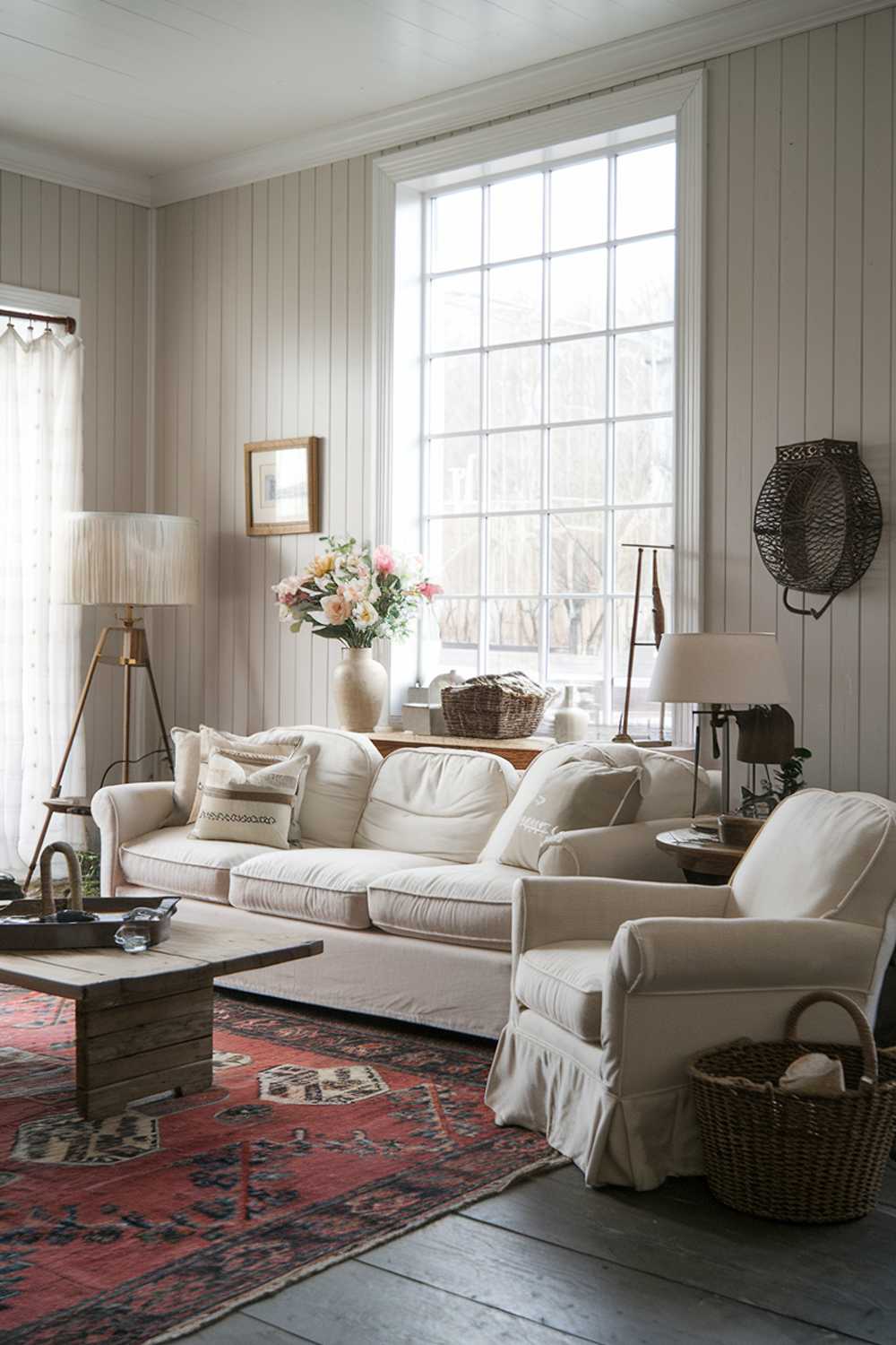 A modern farmhouse living room. There's a large white sofa with beige cushions and a few throw pillows. A beige armchair is placed near the sofa. A wooden coffee table is placed in front of the sofa. There's a vintage rug on the floor. A floor lamp and a table lamp are placed in the room. The walls have wooden panels. There's a large window with a white frame. The room has a few decorative items, including a vase with artificial flowers, a basket, and a wooden tray.