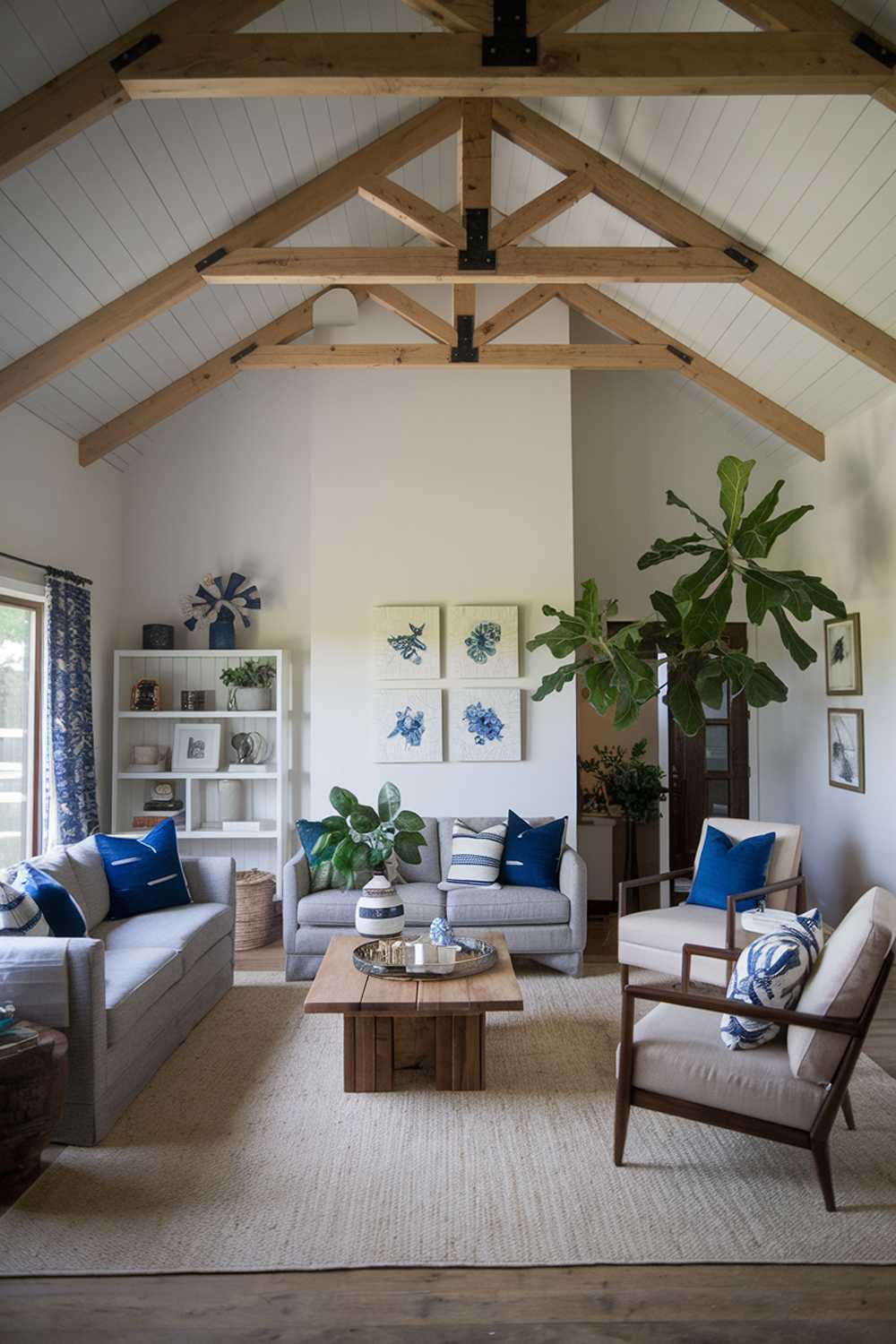 A cozy modern farmhouse living room with a high ceiling and wood beams. There's a comfortable gray sofa with blue throw pillows and a beige chair with a blue cushion. A wooden coffee table sits in the middle of the room. A white bookshelf with decorative items is placed against one wall. A large potted plant adds a touch of greenery. The floor is covered with a beige rug. The walls have a few pieces of wall art.