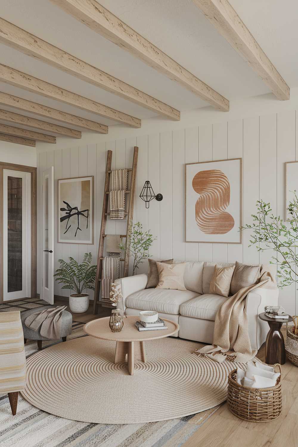 A cozy modern farmhouse living room. There is a beige sofa with a few pillows, a round beige rug, and a wooden coffee table in the middle of the room. There are a few potted plants and a decorative basket near the sofa. A wooden ladder leans against the wall, holding a few decorative items. The room has white walls, wooden beams on the ceiling, and a few pieces of art on the walls. A door on the left leads to another room.