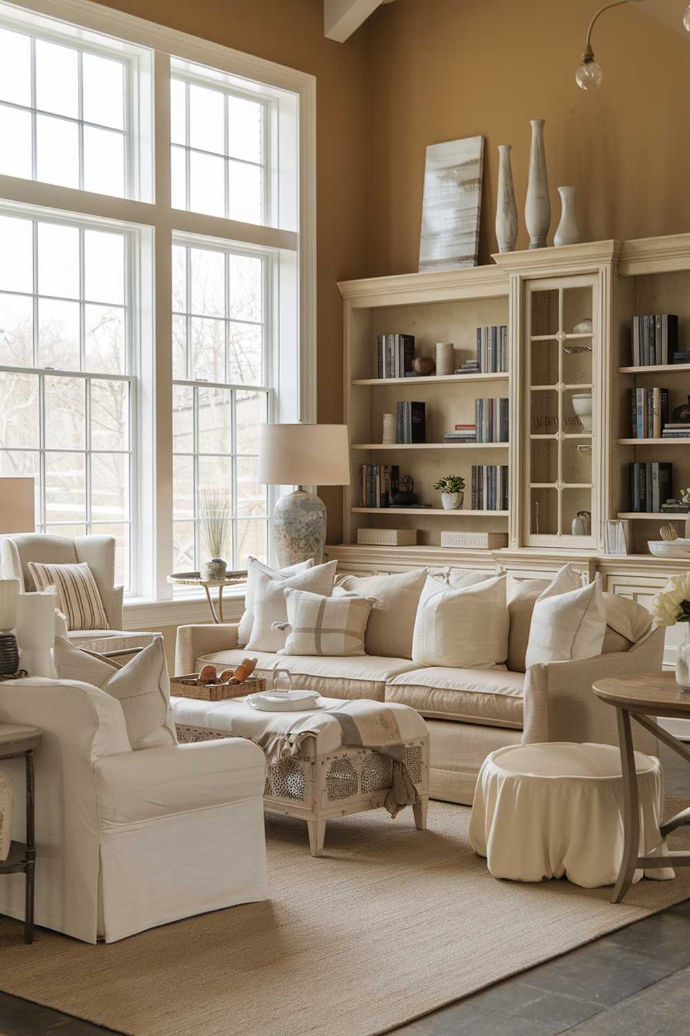 A modern farmhouse living room. There's a beige sofa with white and beige cushions, a white chair with a beige cushion, a beige rug, a beige lampshade, a beige table, and a beige cabinet. There's also a white bookshelf with books and decorative items. The walls are painted in a warm beige color. The room has large windows with white frames, allowing natural light to fill the space.