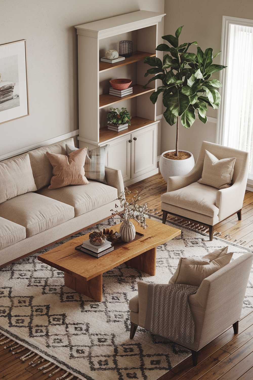 A modern farmhouse living room. There is a beige sofa with a few pillows and a beige armchair. A wooden coffee table is placed in front of the sofa. A large potted plant is placed near the coffee table. A rug with a geometric pattern is placed under the furniture. A white bookshelf is placed against the wall. A few items, including a decorative dish and a plant, are placed on the bookshelf. The room has a wooden floor and a white wall.