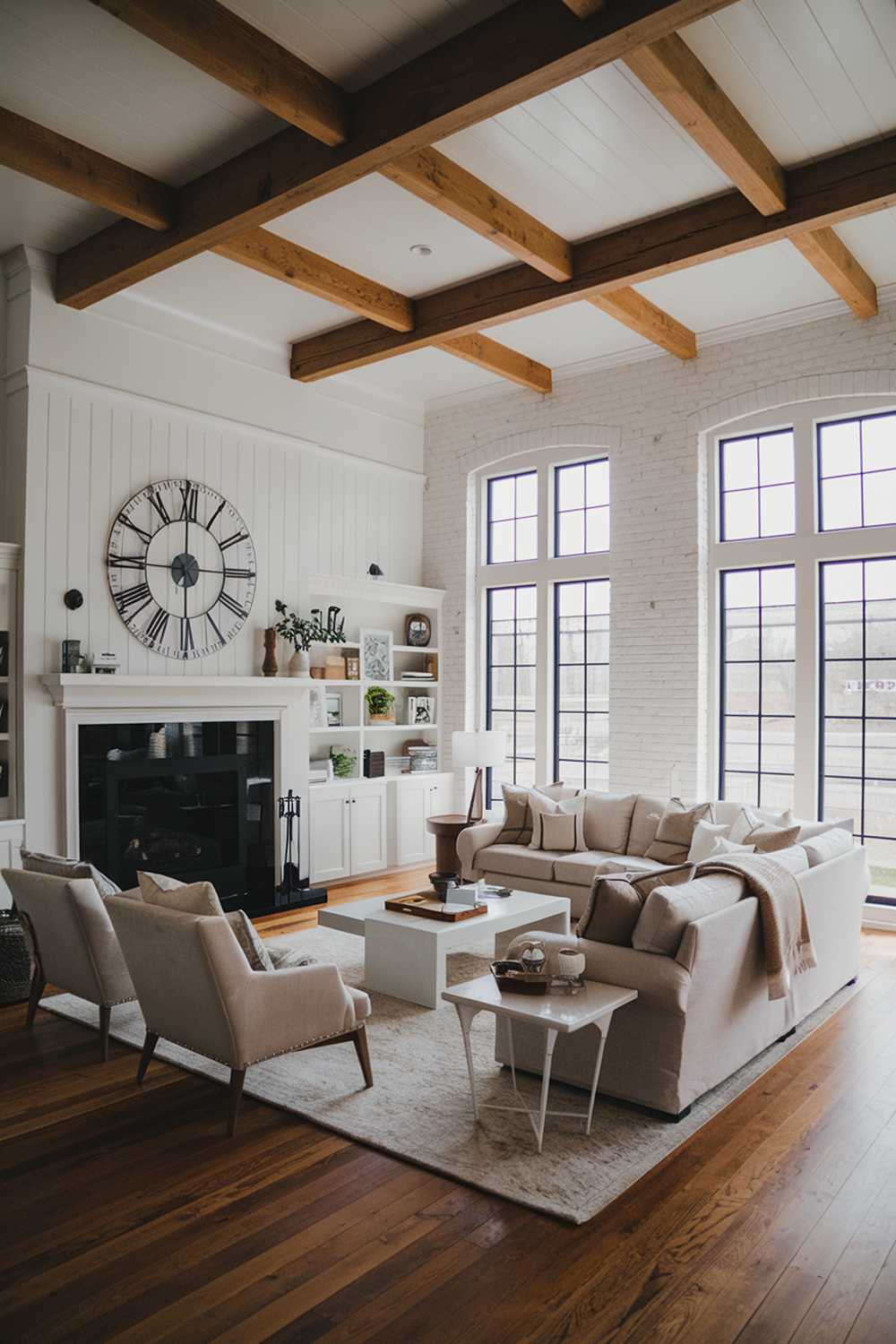 A modern farmhouse living room. The room has a white brick wall and a wooden beam ceiling. There is a beige sofa with a few throw pillows and a beige rug in front of the sofa. There is a white coffee table next to the sofa. On the opposite wall, there is a black fireplace with a white mantel. Above the mantel, there is a large wall clock. There are a few decorative items on the mantel. The floor is made of hardwood. The room has large windows, allowing natural light to fill the space.