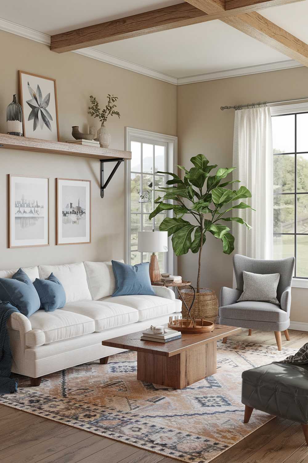 A cozy modern farmhouse living room. There's a white sofa with blue cushions, a large potted plant, a wooden coffee table, and a patterned rug. A gray chair sits near the window. A wooden shelf above the couch holds decorative items. There's a wooden beam on the ceiling. The walls are painted beige. The floor is made of wood.