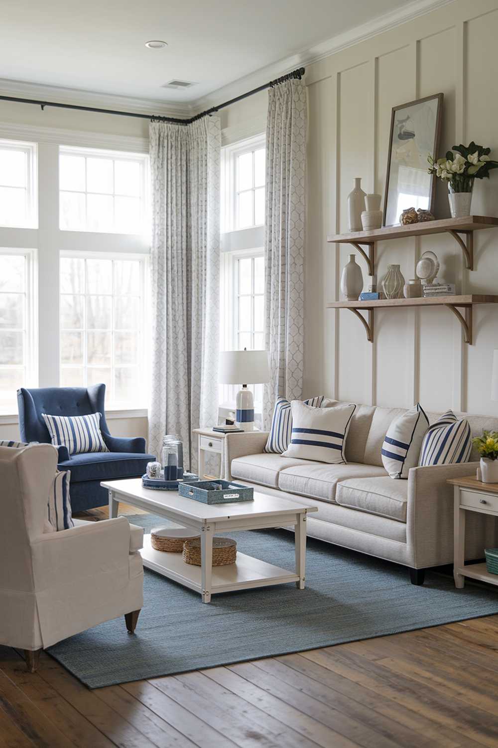 A modern farmhouse living room. The room features a beige sofa with white and blue striped pillows, a blue armchair, a white coffee table, and a beige side table. There is a blue rug in the centre of the room. On the wall, there is a wooden shelf with decorative items. The room has large windows with white curtains. The floor is made of wooden planks.