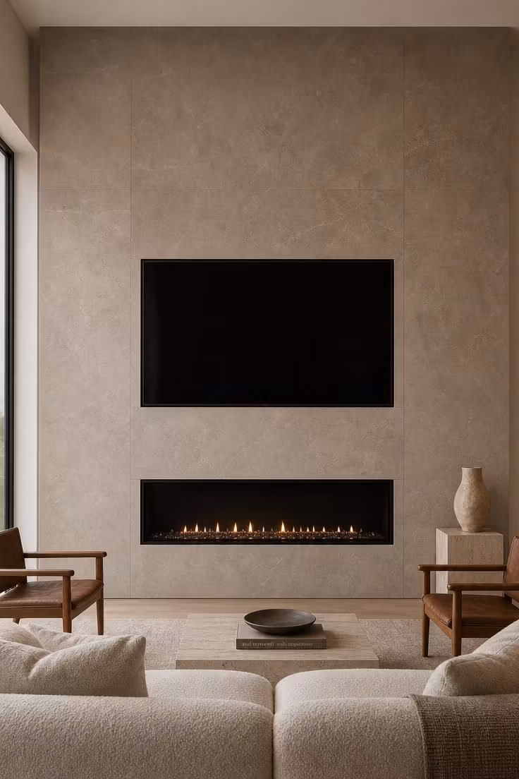 11 Modern Fireplace Ideas With TV for a Cozy Living Room 1 A flush porcelain monolith wall with a recessed linear gas fireplace and slim-frame TV above, styled with an ivory boucle sofa and walnut chairs in soft-diffused light.