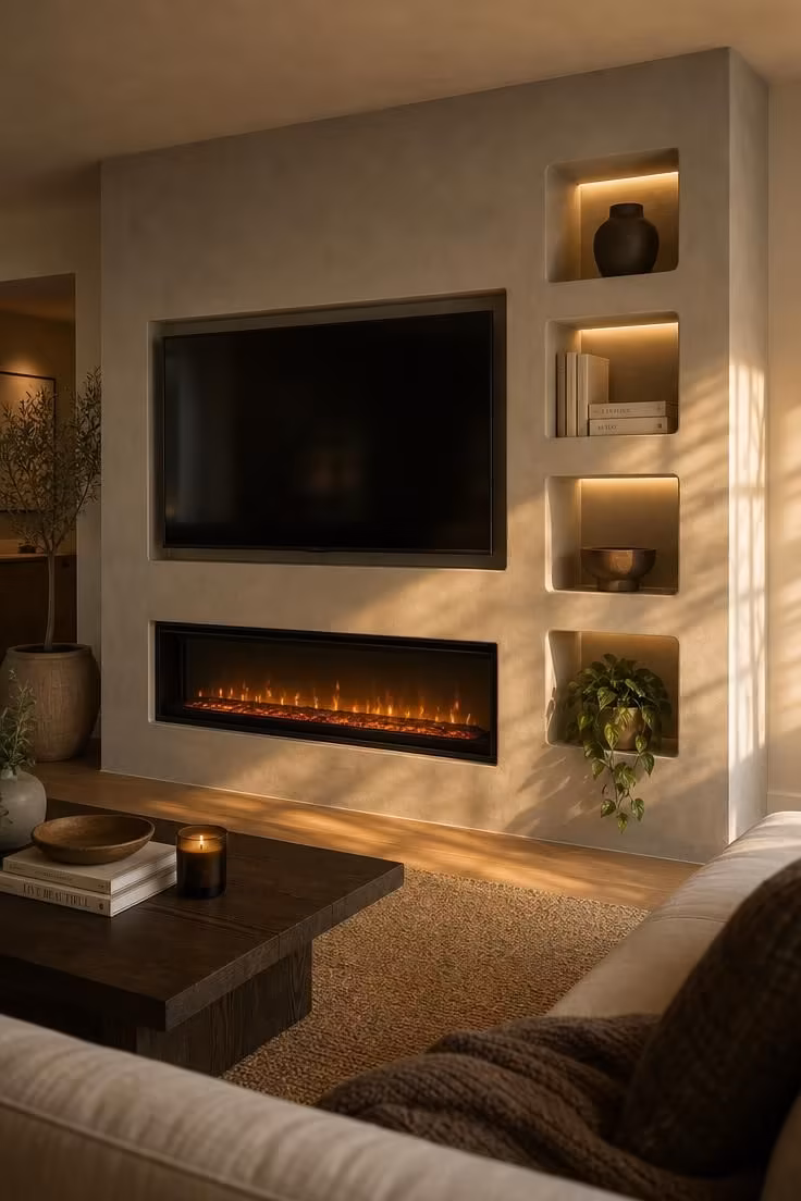11 Modern Fireplace Ideas With TV for a Cozy Living Room 2 A warm gray microcement media wall with a recessed electric fireplace insert, TV above, and asymmetric open shelving carved into the bump-out in warm-golden light.