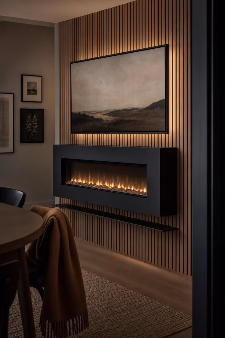 11 Modern Fireplace Ideas With TV for a Cozy Living Room 3 A floating black steel fireplace box suspended in front of a white oak slat wall with a Frame TV in art mode above and a steel ledge below in moody low light.