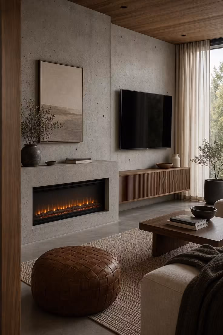 11 Modern Fireplace Ideas With TV for a Cozy Living Room 6 A cast-concrete fireplace surround with a low electric fireplace on the left and a TV above a ribbed walnut credenza on the right in soft-diffused light.