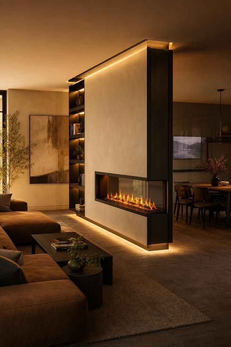 11 Modern Fireplace Ideas With TV for a Cozy Living Room 7 A suspended black steel and ivory plaster peninsula with a two-sided electric fireplace facing the living room and a TV mounted on the opposite side in warm-golden light.