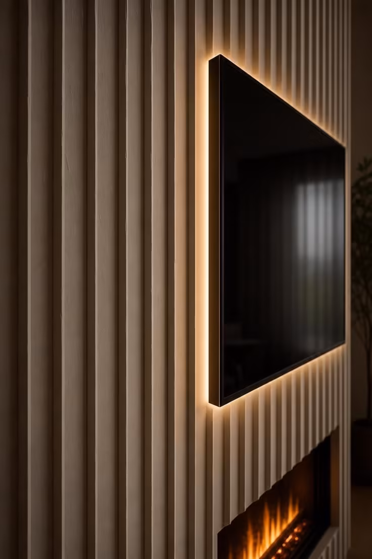 11 Modern Fireplace Ideas With TV for a Cozy Living Room 8 A recessed TV with warm-white halo lighting set into a vertically fluted plaster wall above a recessed electric fireplace in moody low light.