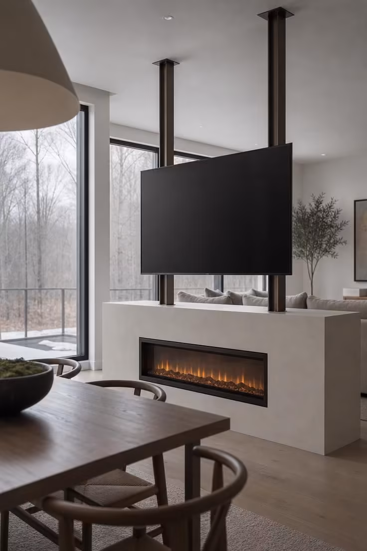 11 Modern Fireplace Ideas With TV for a Cozy Living Room 9 A low plaster pass-through wall with an electric fireplace below and a TV on steel posts above, set in an open niche with living room visible behind in cool-overcast light.