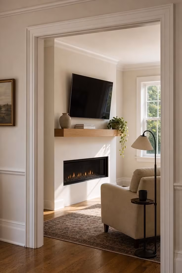11 Modern Fireplace Ideas With TV for a Cozy Living Room 10 A linear gas fireplace with a projecting oak mantel and TV above, framed by a cased opening in a bright midday hearth room.