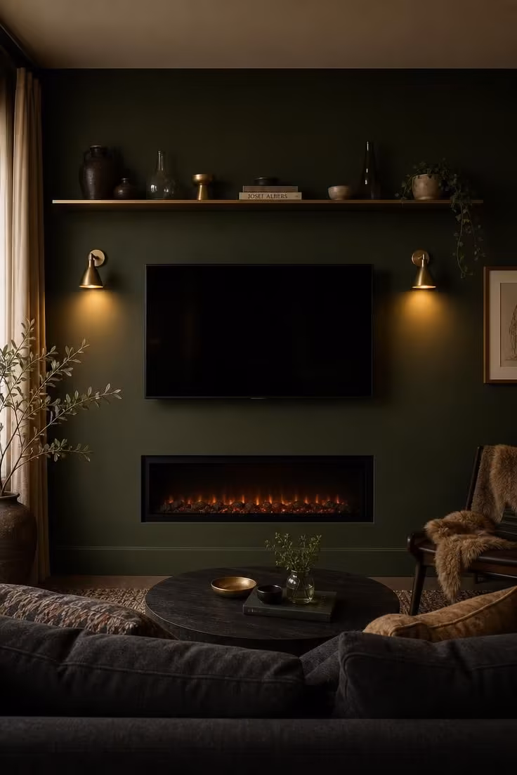 11 Modern Fireplace Ideas With TV for a Cozy Living Room 11 A deep forest green media wall with a low electric fireplace, TV, brass sconces, and brass shelf styling in soft-diffused light.