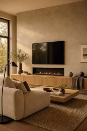 A warm modern living room with a limewash plaster media wall, low linear gas fireplace, slim TV above, and ribbed oak console below in warm-golden light.
