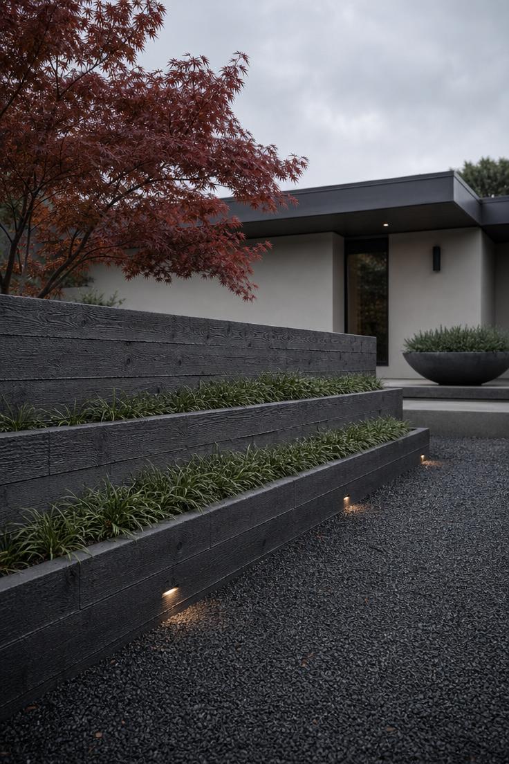 Board-formed concrete retaining wall with wood-grain texture and dwarf mondo grass planting strips in a modern front yard