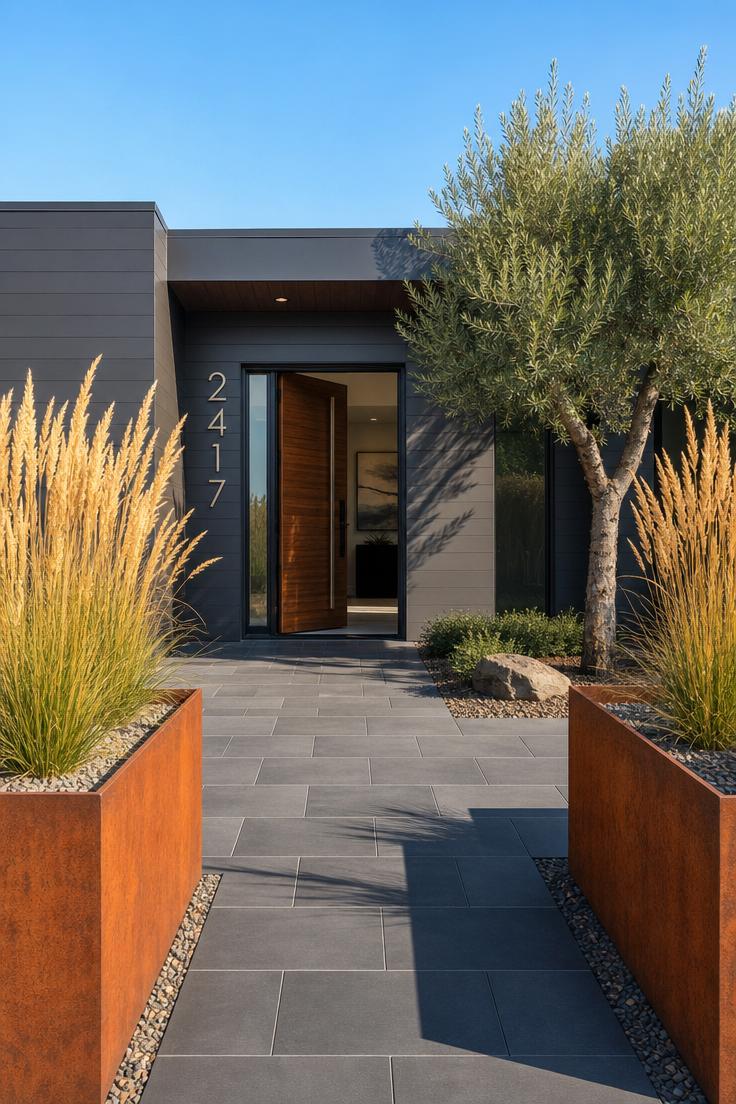 Corten steel planter boxes with feather reed grass flanking a charcoal porcelain paver walkway leading to a modern home