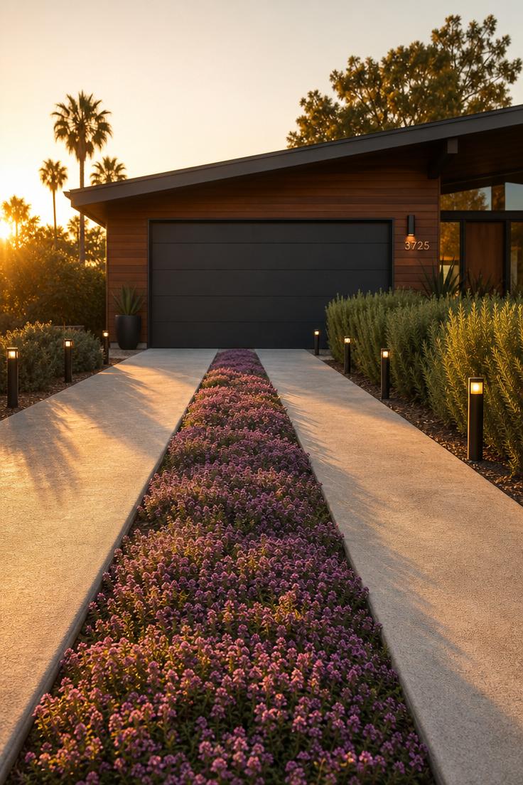 Ribbon driveway with creeping thyme growing between two concrete tracks leading to a modern ranch home at golden hour