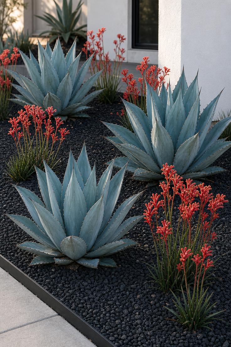 Black basalt gravel bed with blue agave rosettes and red kangaroo paw blooms in a modern drought-tolerant front yard