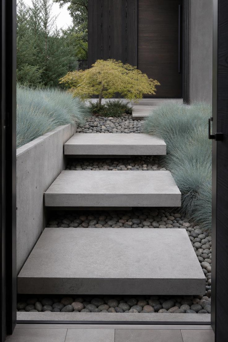 Floating concrete steps cantilevered over a dry river stone creek bed with blue fescue grass at a modern home entry