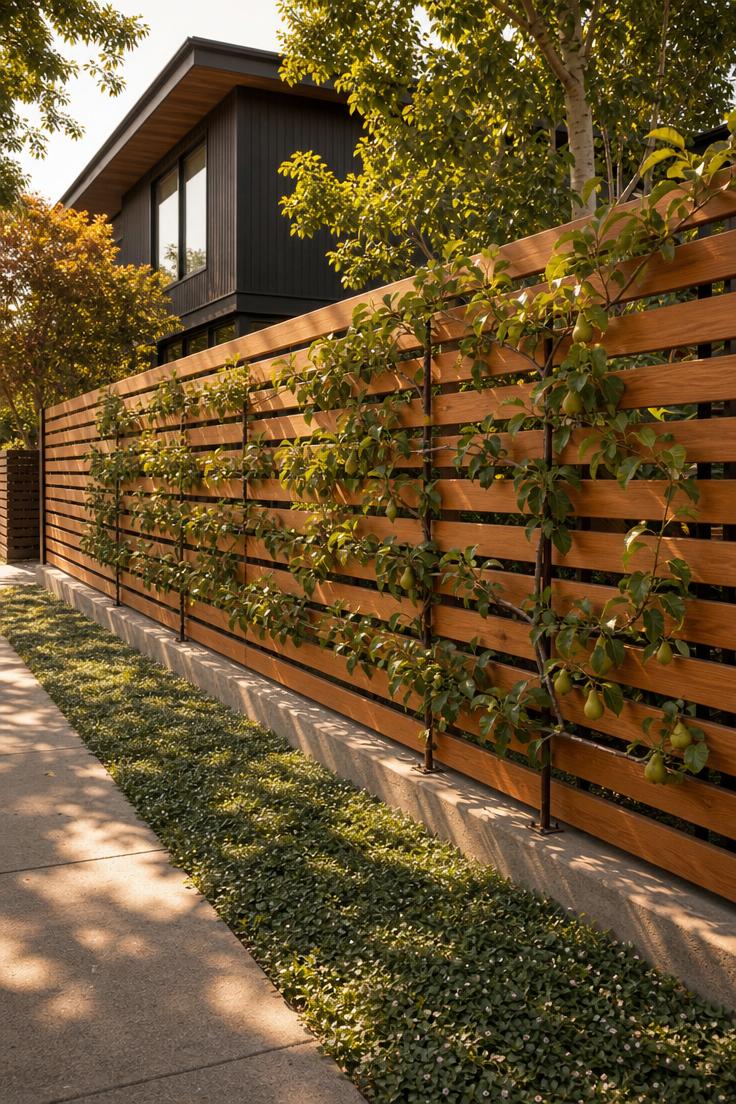 Horizontal cedar slat fence with espaliered pear trees trained on stainless steel wire in a modern front yard with golden afternoon light