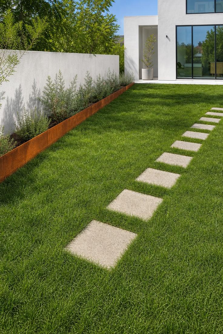 Emerald sedge lawn with corten steel edging along a white stucco wall in an overhead view of a minimalist modern front yard